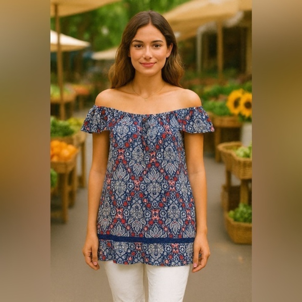Band of the Free Blue Red Boho Floral Tunic/Mini Dress Ruffle Strap EUC M #2420